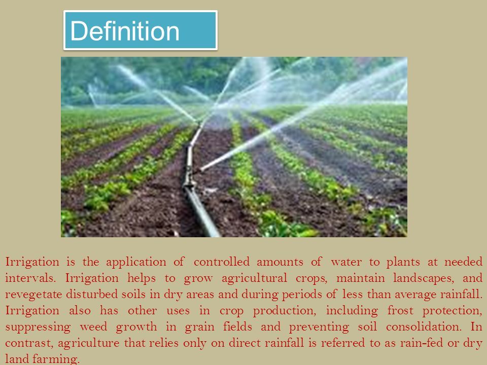 All About Irrigation. Definition Irrigation is the application of  controlled amounts of water to plants at needed intervals. Irrigation helps  to grow. - ppt download