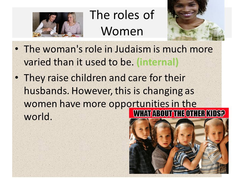 The roles of Women The woman s role in Judaism is much more varied than it used to be.