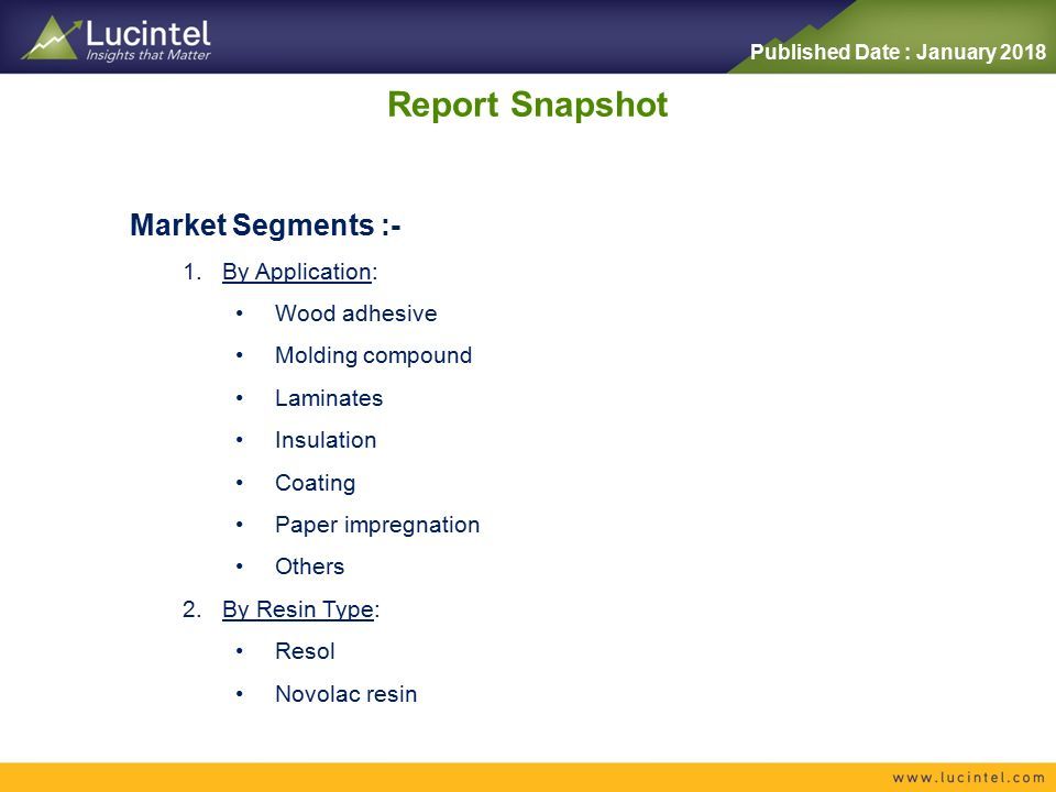 Report Snapshot Market Segments :- 1.By Application: Wood adhesive Molding compound Laminates Insulation Coating Paper impregnation Others 2.By Resin Type: Resol Novolac resin Published Date : January 2018