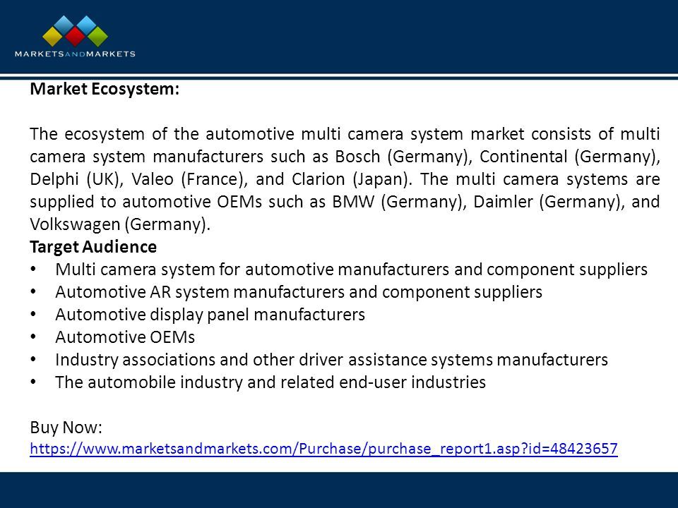 Market Ecosystem: The ecosystem of the automotive multi camera system market consists of multi camera system manufacturers such as Bosch (Germany), Continental (Germany), Delphi (UK), Valeo (France), and Clarion (Japan).
