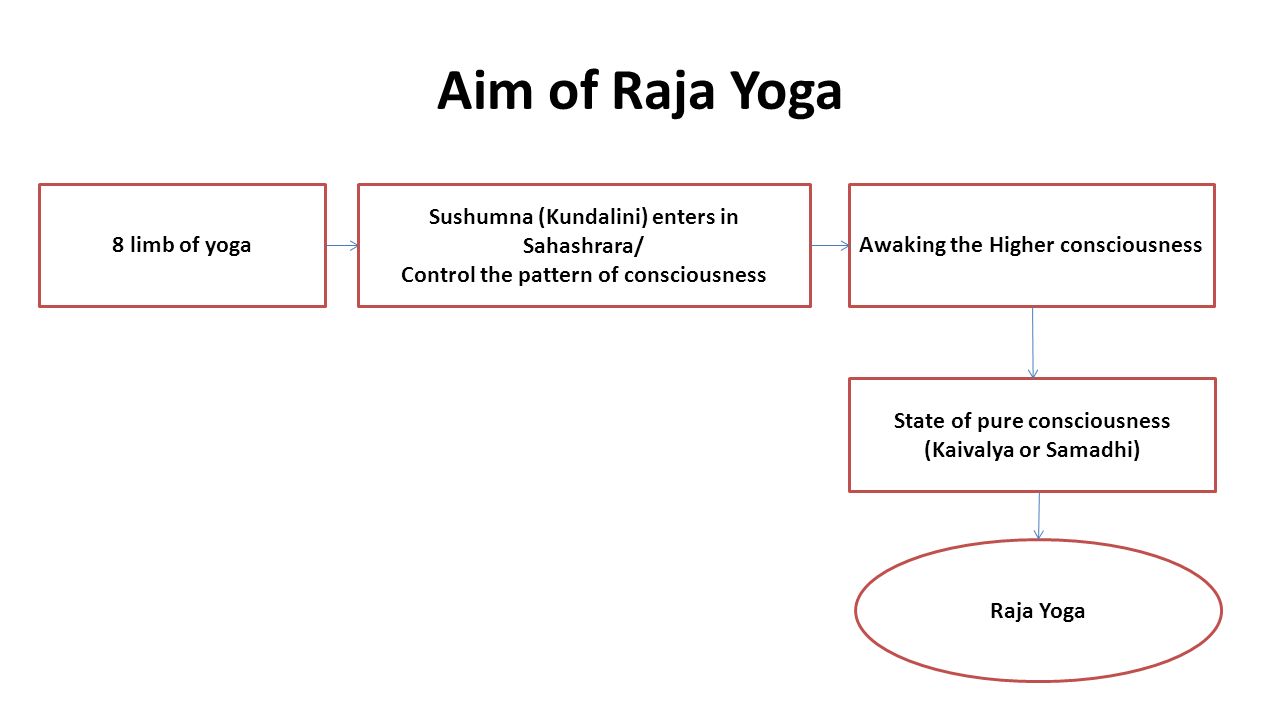 Aim of Raja Yoga 8 limb of yoga Sushumna (Kundalini) enters in Sahashrara/ Control the pattern of consciousness Awaking the Higher consciousness State of pure consciousness (Kaivalya or Samadhi) Raja Yoga
