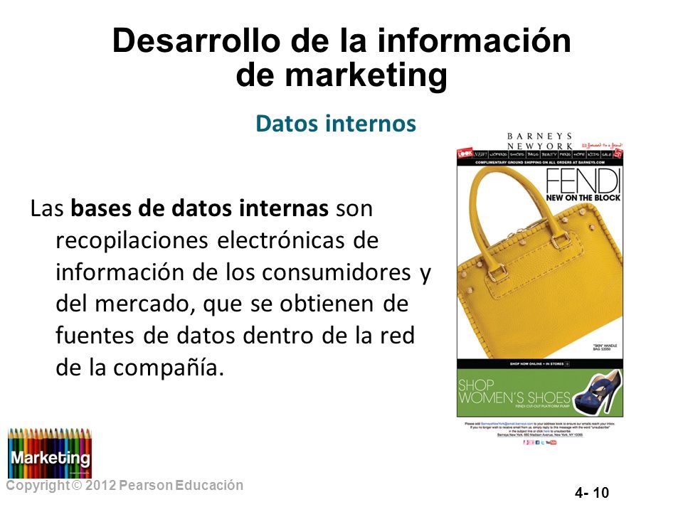 Copyright © 2012 Pearson Educación Desarrollo de la información de marketing Las bases de datos internas son recopilaciones electrónicas de información de los consumidores y del mercado, que se obtienen de fuentes de datos dentro de la red de la compañía.