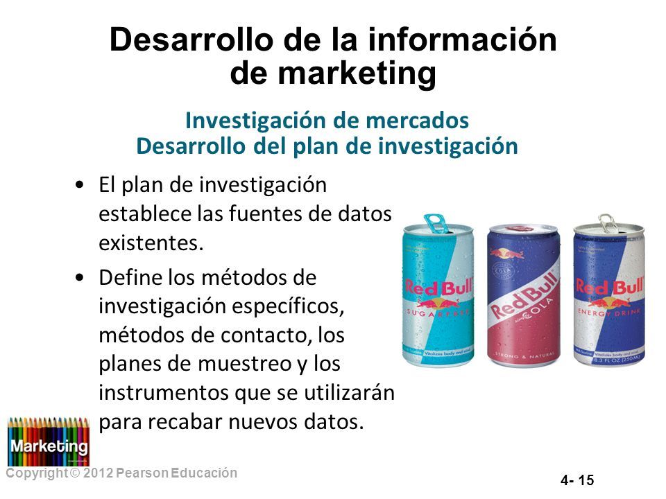Copyright © 2012 Pearson Educación Desarrollo de la información de marketing El plan de investigación establece las fuentes de datos existentes.