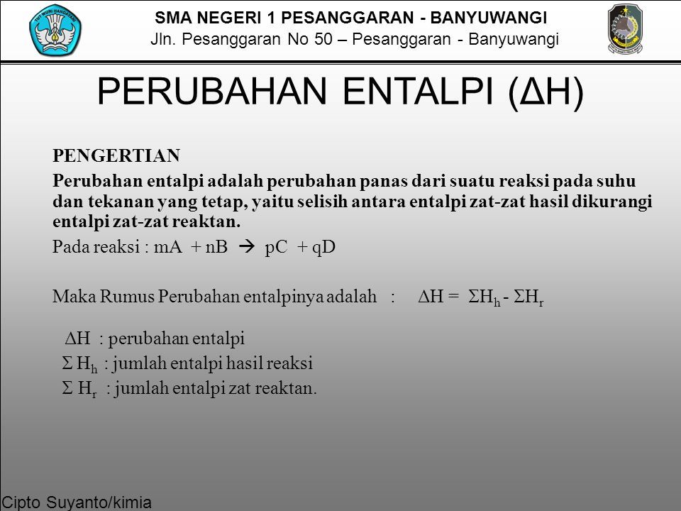 Sma Negeri 1 Pesanggaran Banyuwangi Jln Pesanggaran No 50 Pesanggaran Banyuwangi Cipto Suyanto Kimia Termokimia Kelas Xi Ipa Semester Ppt Download