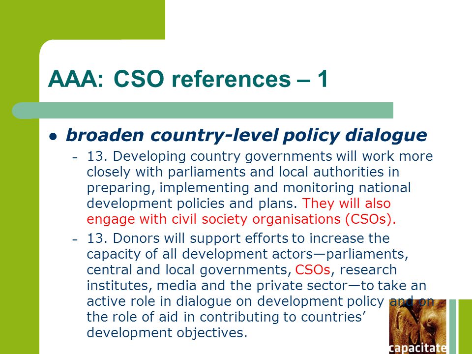AAA: CSO references – 1 broaden country-level policy dialogue – 13.