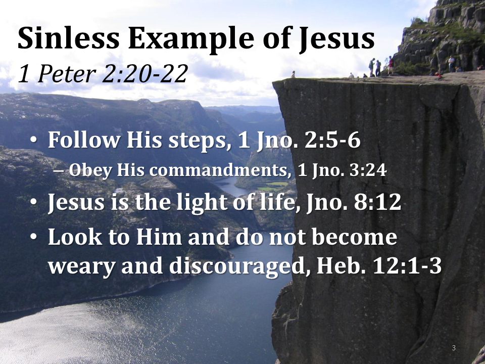 Sinless Example of Jesus 1 Peter 2:20-22 Follow His steps, 1 Jno.