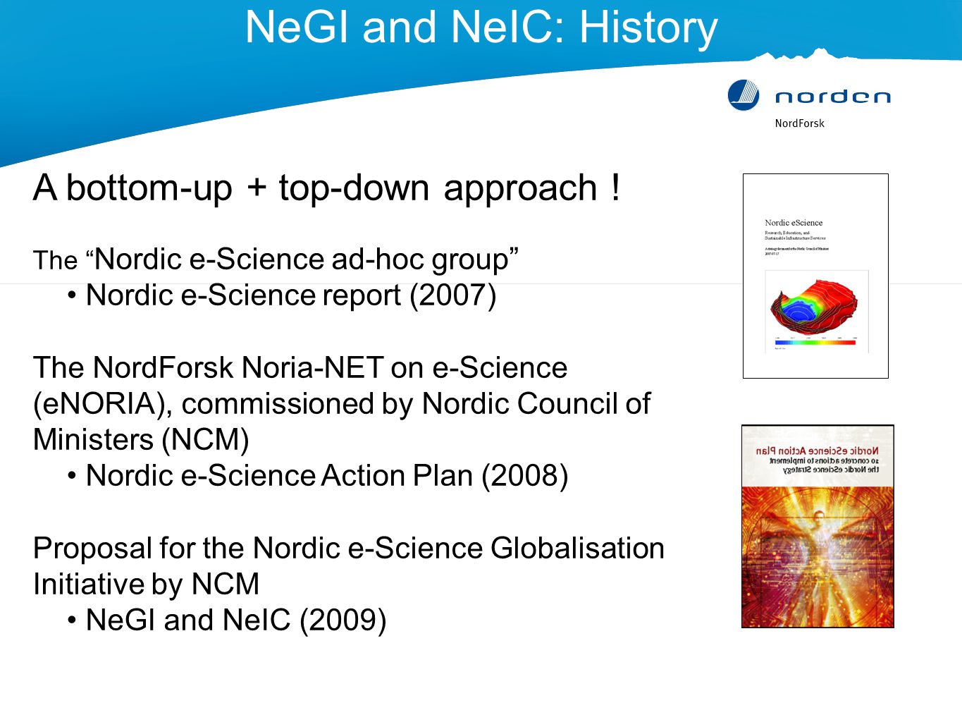 NeGI and NeIC: History A bottom-up + top-down approach .