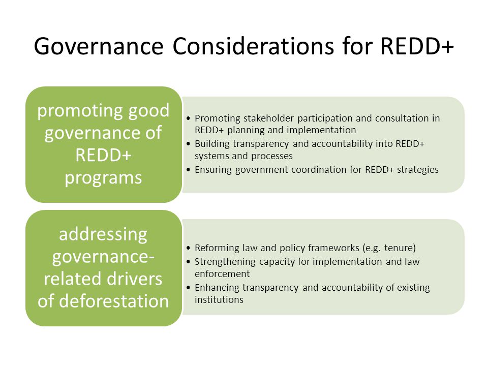 Governance Considerations for REDD+ Promoting stakeholder participation and consultation in REDD+ planning and implementation Building transparency and accountability into REDD+ systems and processes Ensuring government coordination for REDD+ strategies promoting good governance of REDD+ programs Reforming law and policy frameworks (e.g.