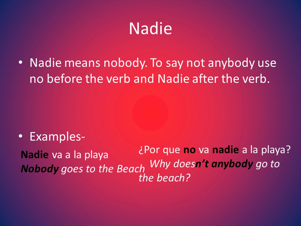 Nadie Nadie means nobody. To say not anybody use no before the verb and Nadie after the verb.