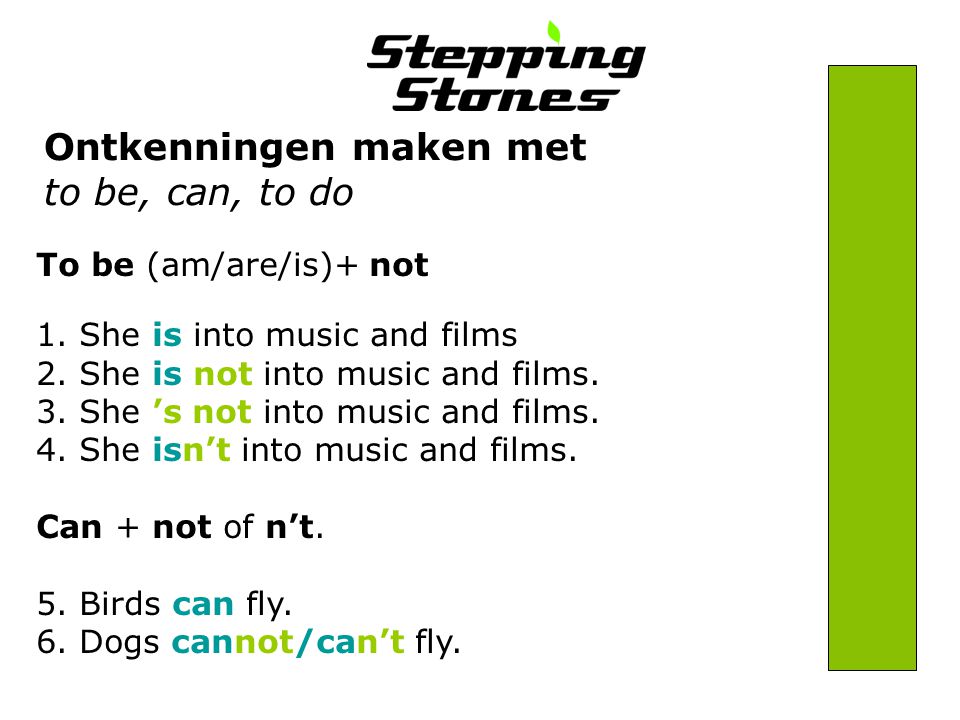 Ontkenningen maken met to be, can, to do To be (am/are/is)+ not 1.