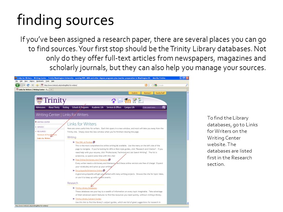 finding sources If you’ve been assigned a research paper, there are several places you can go to find sources.