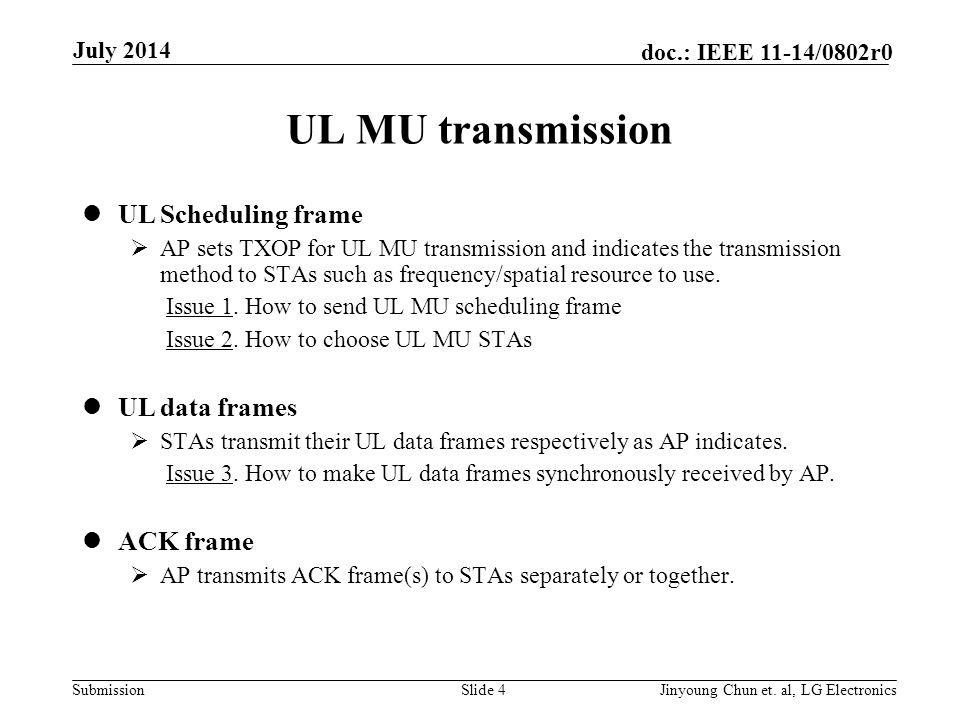 Submission doc.: IEEE 11-14/0802r0 UL MU transmission UL Scheduling frame  AP sets TXOP for UL MU transmission and indicates the transmission method to STAs such as frequency/spatial resource to use.