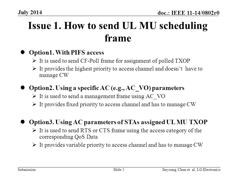 Submission doc.: IEEE 11-14/0802r0 Issue 1. How to send UL MU scheduling frame Option1.