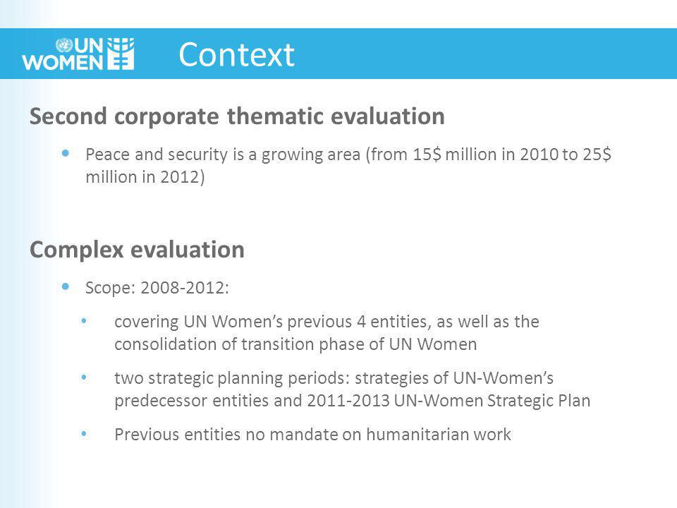 Context Second corporate thematic evaluation Peace and security is a growing area (from 15$ million in 2010 to 25$ million in 2012) Complex evaluation Scope: : covering UN Women’s previous 4 entities, as well as the consolidation of transition phase of UN Women two strategic planning periods: strategies of UN-Women’s predecessor entities and UN-Women Strategic Plan Previous entities no mandate on humanitarian work