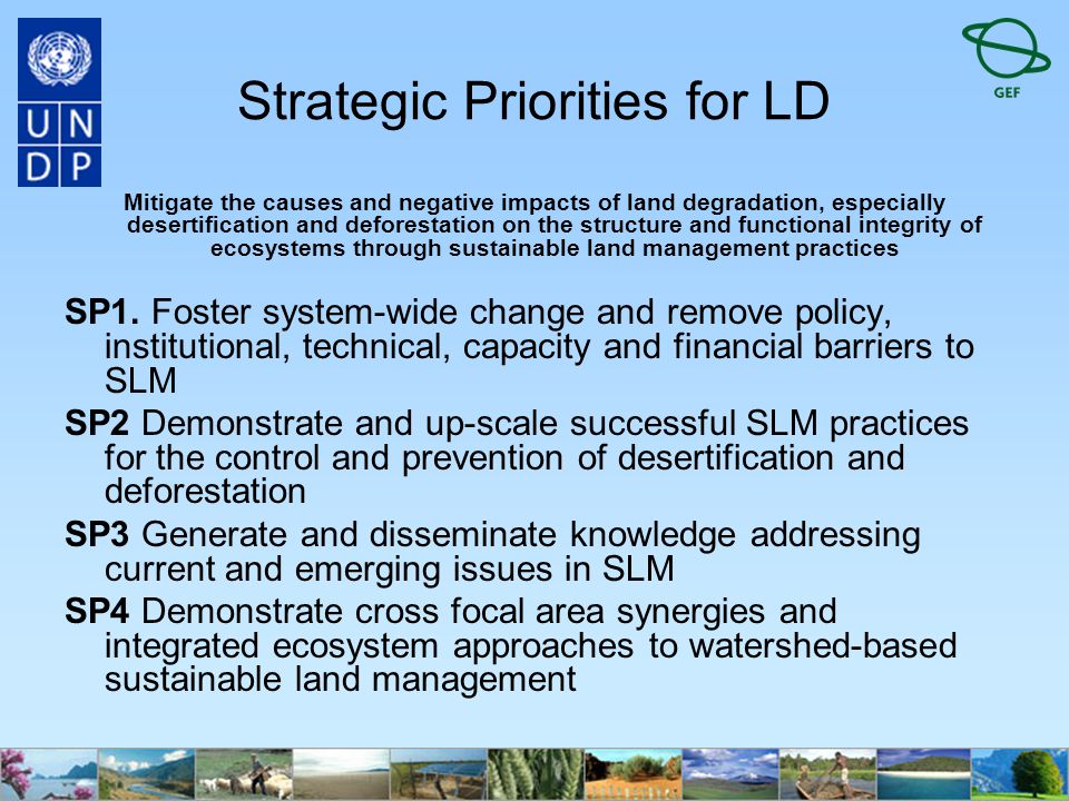 Strategic Priorities for LD Mitigate the causes and negative impacts of land degradation, especially desertification and deforestation on the structure and functional integrity of ecosystems through sustainable land management practices SP1.