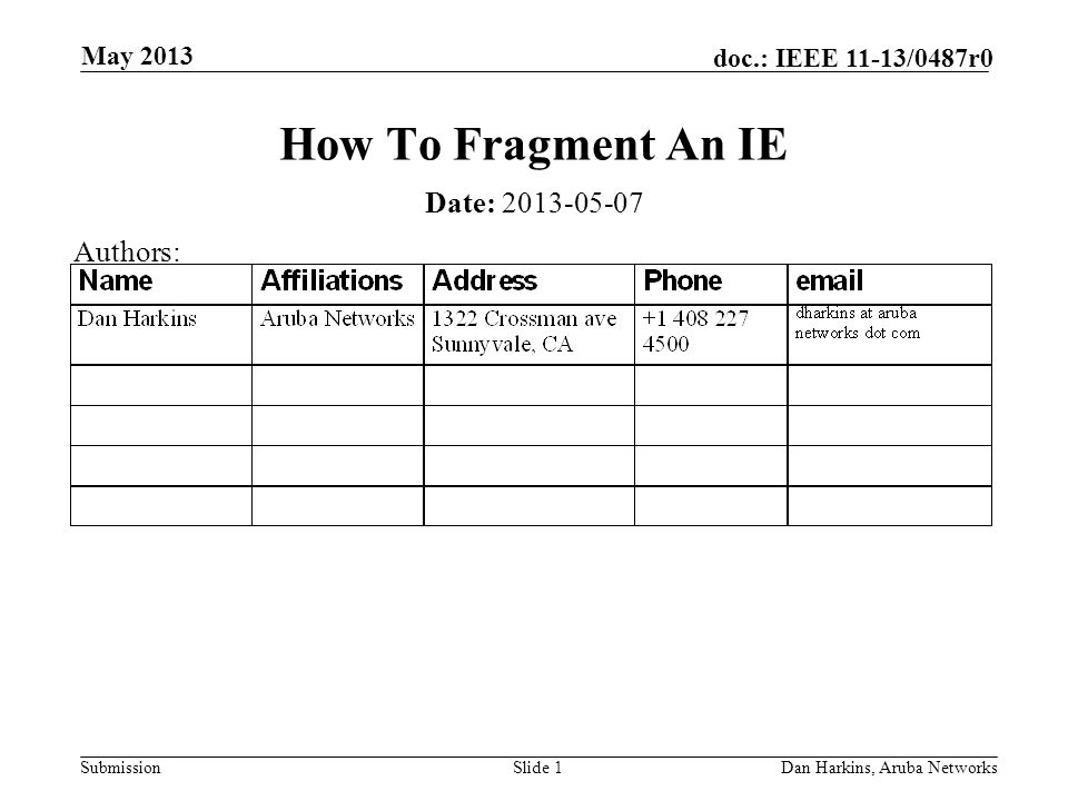 Submission doc.: IEEE 11-13/0487r0 May 2013 Dan Harkins, Aruba NetworksSlide 1 How To Fragment An IE Date: Authors: