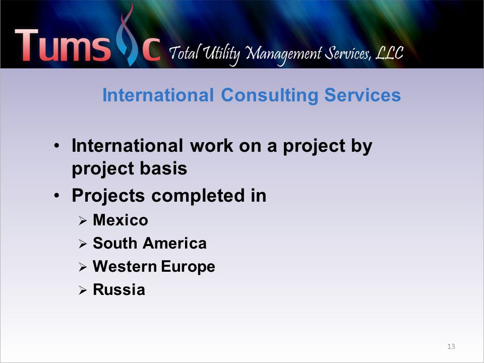 13 International work on a project by project basis Projects completed in  Mexico  South America  Western Europe  Russia International Consulting Services