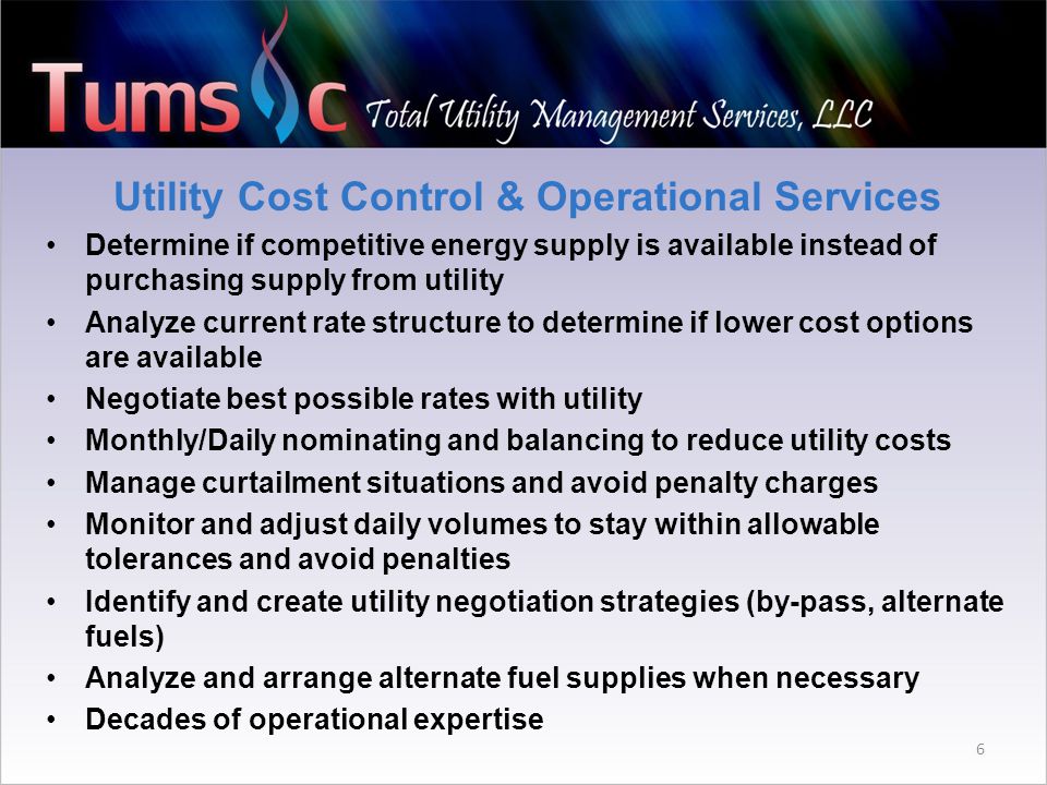 6 Utility Cost Control & Operational Services Determine if competitive energy supply is available instead of purchasing supply from utility Analyze current rate structure to determine if lower cost options are available Negotiate best possible rates with utility Monthly/Daily nominating and balancing to reduce utility costs Manage curtailment situations and avoid penalty charges Monitor and adjust daily volumes to stay within allowable tolerances and avoid penalties Identify and create utility negotiation strategies (by-pass, alternate fuels) Analyze and arrange alternate fuel supplies when necessary Decades of operational expertise
