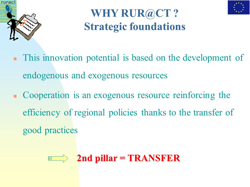 This innovation potential is based on the development of endogenous and exogenous resources Cooperation is an exogenous resource reinforcing the efficiency of regional policies thanks to the transfer of good practices 2nd pillar = TRANSFER WHY .