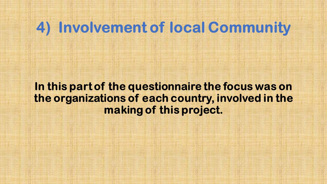 4) Involvement of local Community In this part of the questionnaire the focus was on the organizations of each country, involved in the making of this project.