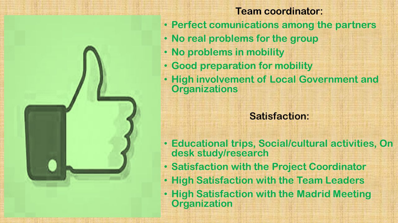 Team coordinator: Perfect comunications among the partners No real problems for the group No problems in mobility Good preparation for mobility High involvement of Local Government and Organizations Satisfaction: Educational trips, Social/cultural activities, On desk study/research Satisfaction with the Project Coordinator High Satisfaction with the Team Leaders High Satisfaction with the Madrid Meeting Organization
