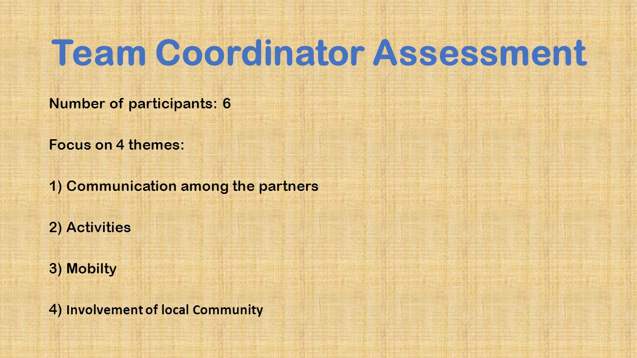 Team Coordinator Assessment Number of participants: 6 Focus on 4 themes: 1) Communication among the partners 2) Activities 3) Mobilty 4) Involvement of local Community