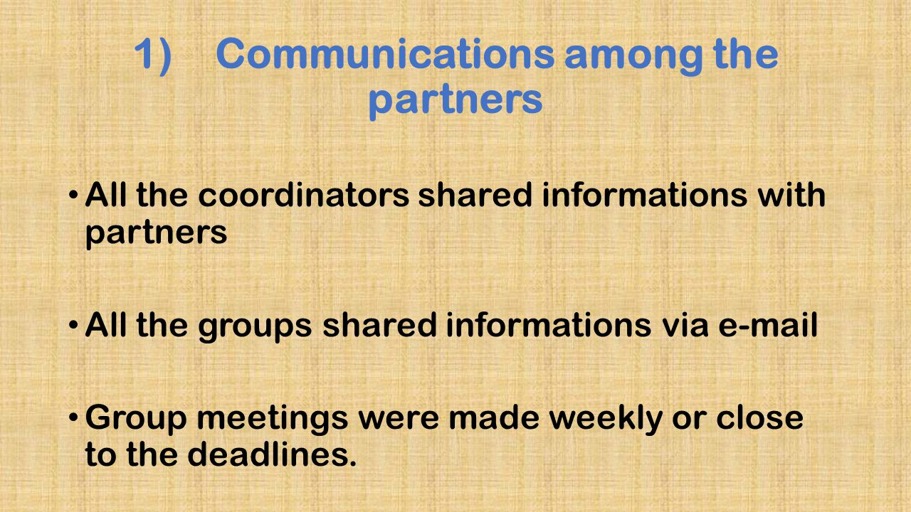 1) Communications among the partners All the coordinators shared informations with partners All the groups shared informations via  Group meetings were made weekly or close to the deadlines.