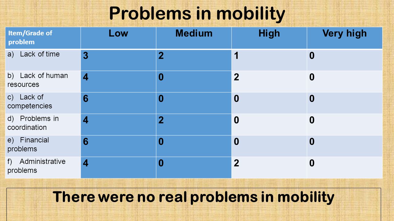 Problems in mobility There were no real problems in mobility Item/Grade of problem LowMediumHighVery high a) Lack of time 3210 b) Lack of human resources 4020 c) Lack of competencies 6000 d) Problems in coordination 4200 e) Financial problems 6000 f) Administrative problems 4020