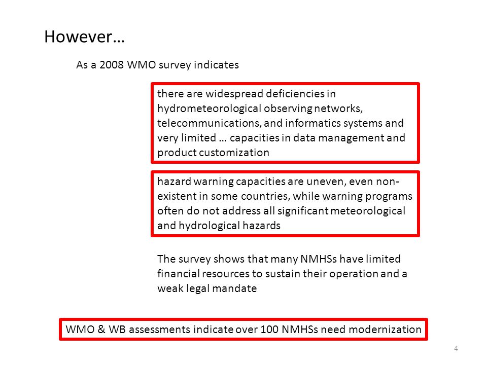 4 As a 2008 WMO survey indicates However… there are widespread deficiencies in hydrometeorological observing networks, telecommunications, and informatics systems and very limited … capacities in data management and product customization hazard warning capacities are uneven, even non- existent in some countries, while warning programs often do not address all significant meteorological and hydrological hazards The survey shows that many NMHSs have limited financial resources to sustain their operation and a weak legal mandate WMO & WB assessments indicate over 100 NMHSs need modernization