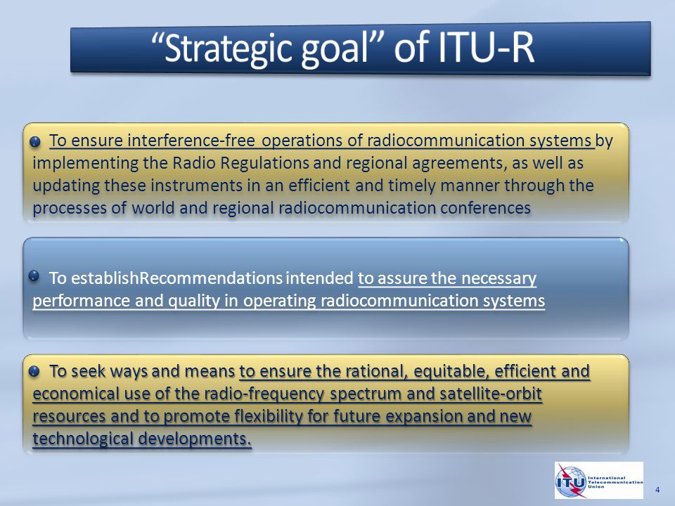 To ensure interference-free operations of radiocommunication systems by implementing the Radio Regulations and regional agreements, as well as updating these instruments in an efficient and timely manner through the processes of world and regional radiocommunication conferences To establishRecommendations intended to assure the necessary performance and quality in operating radiocommunication systems To seek ways and means to ensure the rational, equitable, efficient and economical use of the radio-frequency spectrum and satellite-orbit resources and to promote flexibility for future expansion and new technological developments.