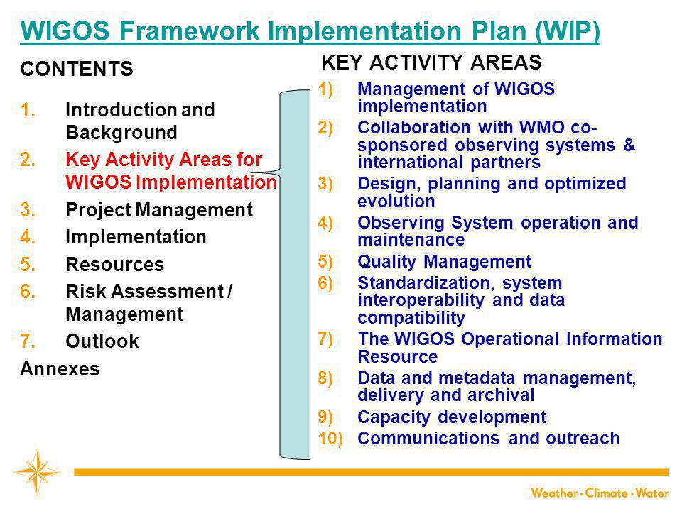 WIGOS Framework Implementation Plan (WIP) CONTENTS 1.Introduction and Background 2.Key Activity Areas for WIGOS Implementation 3.Project Management 4.Implementation 5.Resources 6.Risk Assessment / Management 7.Outlook Annexes KEY ACTIVITY AREAS 1)Management of WIGOS implementation 2)Collaboration with WMO co- sponsored observing systems & international partners 3)Design, planning and optimized evolution 4)Observing System operation and maintenance 5)Quality Management 6)Standardization, system interoperability and data compatibility 7)The WIGOS Operational Information Resource 8)Data and metadata management, delivery and archival 9)Capacity development 10)Communications and outreach