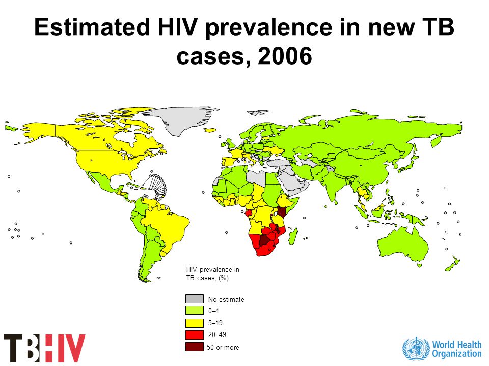 Estimated HIV prevalence in new TB cases, 2006 No estimate 0–4 20–49 50 or more 5–19 HIV prevalence in TB cases, (%)