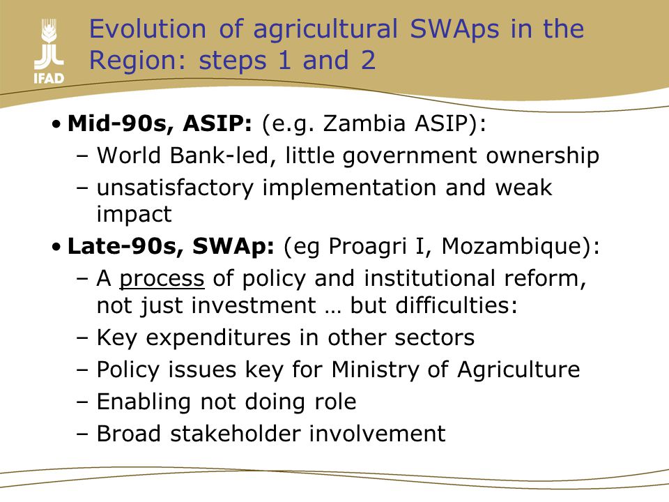 Evolution of agricultural SWAps in the Region: steps 1 and 2 Mid-90s, ASIP: (e.g.