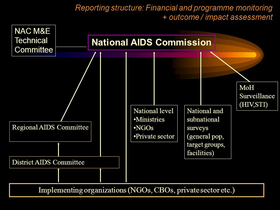 National AIDS Commission NAC M&E Technical Committee Implementing organizations (NGOs, CBOs, private sector etc.) Reporting structure: Financial and programme monitoring + outcome / impact assessment Regional AIDS Committee District AIDS Committee National level Ministries NGOs Private sector MoH Surveillance (HIV,STI) National and subnational surveys (general pop, target groups, facilities)