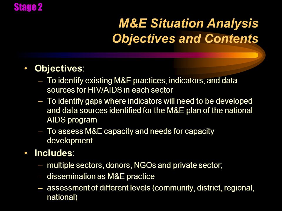 M&E Situation Analysis Objectives and Contents Objectives: –To identify existing M&E practices, indicators, and data sources for HIV/AIDS in each sector –To identify gaps where indicators will need to be developed and data sources identified for the M&E plan of the national AIDS program –To assess M&E capacity and needs for capacity development Includes: –multiple sectors, donors, NGOs and private sector; –dissemination as M&E practice –assessment of different levels (community, district, regional, national) Stage 2