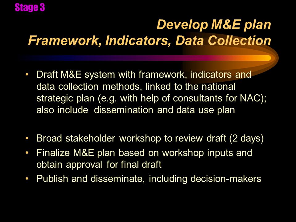 Develop M&E plan Framework, Indicators, Data Collection Draft M&E system with framework, indicators and data collection methods, linked to the national strategic plan (e.g.
