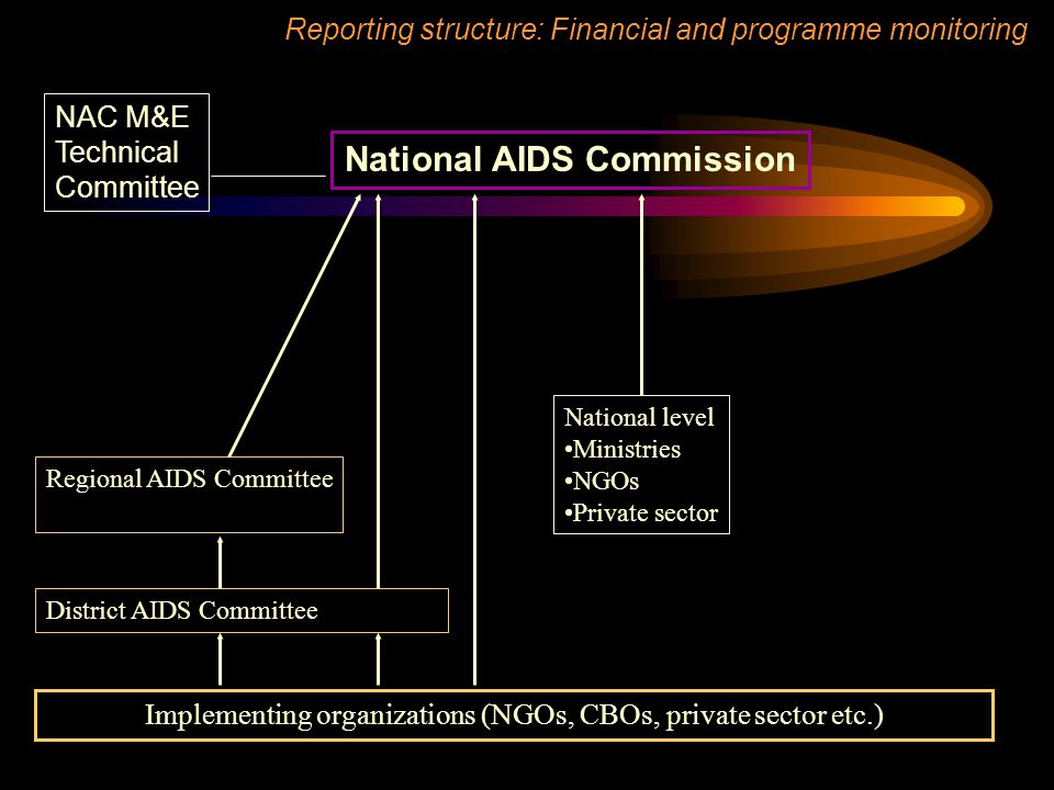 National AIDS Commission NAC M&E Technical Committee Implementing organizations (NGOs, CBOs, private sector etc.) Reporting structure: Financial and programme monitoring Regional AIDS Committee District AIDS Committee National level Ministries NGOs Private sector