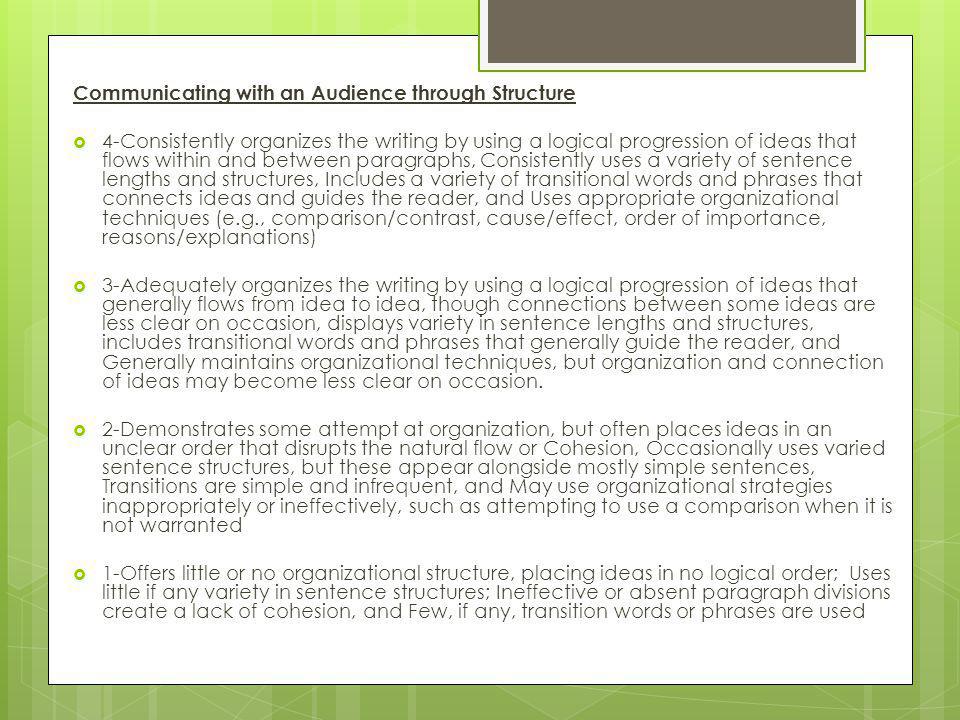 Communicating with an Audience through Structure  4-Consistently organizes the writing by using a logical progression of ideas that flows within and between paragraphs, Consistently uses a variety of sentence lengths and structures, Includes a variety of transitional words and phrases that connects ideas and guides the reader, and Uses appropriate organizational techniques (e.g., comparison/contrast, cause/effect, order of importance, reasons/explanations)  3-Adequately organizes the writing by using a logical progression of ideas that generally flows from idea to idea, though connections between some ideas are less clear on occasion, displays variety in sentence lengths and structures, includes transitional words and phrases that generally guide the reader, and Generally maintains organizational techniques, but organization and connection of ideas may become less clear on occasion.