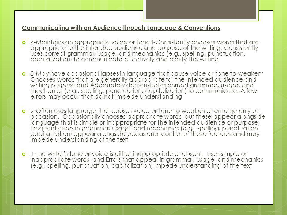 Communicating with an Audience through Language & Conventions  4-Maintains an appropriate voice or tone4-Consistently chooses words that are appropriate to the intended audience and purpose of the writing; Consistently uses correct grammar, usage, and mechanics (e.g., spelling, punctuation, capitalization) to communicate effectively and clarify the writing.