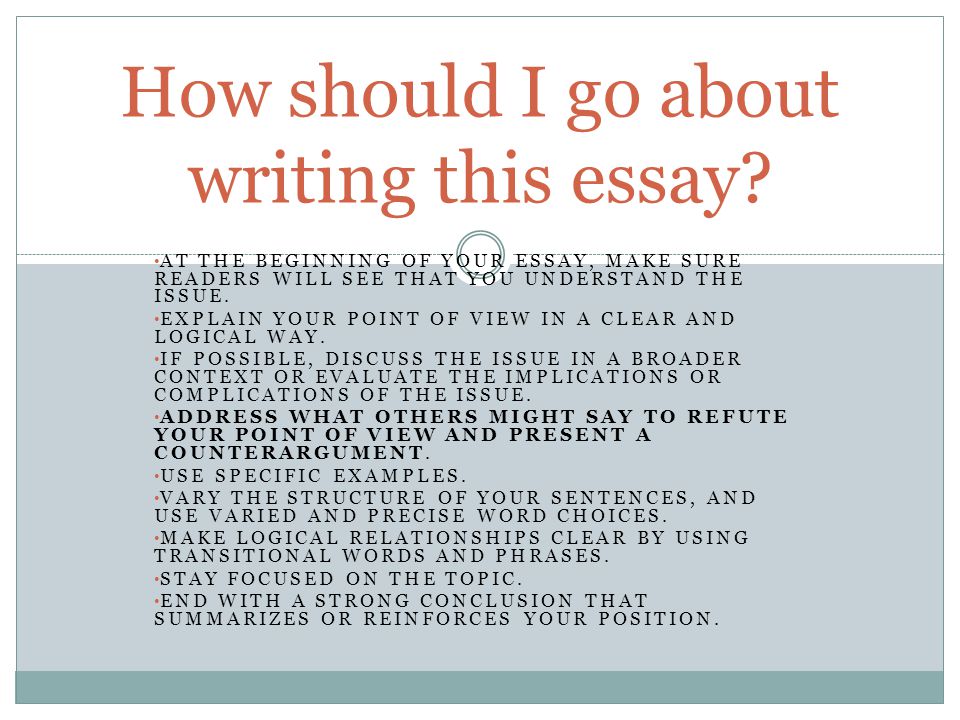 AT THE BEGINNING OF YOUR ESSAY, MAKE SURE READERS WILL SEE THAT YOU UNDERSTAND THE ISSUE.
