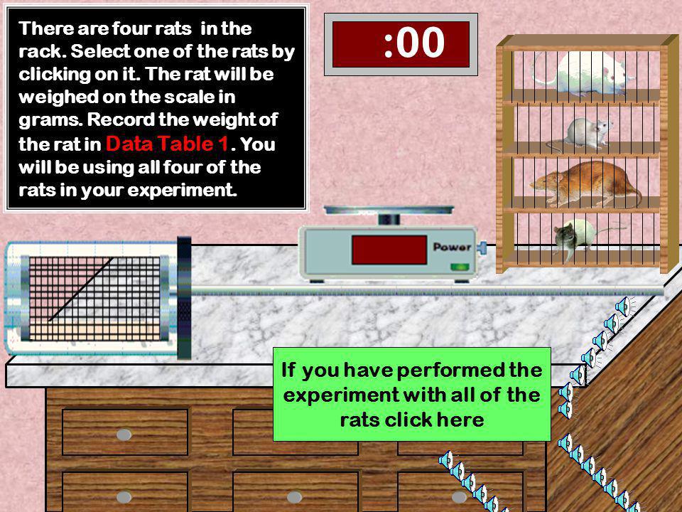 Click to Start the Experiment When you are finished with this lab, be sure that you have included in your lab report the following: (Use the Links below to print the tables and graphs) 1) Four Table 1 Data Sheets (1 for each Rat) Table 1 Data SheetsTable 1 Data Sheets 2) Table 2 Data Sheet Table 2 Data SheetTable 2 Data Sheet 3) Bar Graph 1 Bar Graph 1Bar Graph 1 4) Bar Graph 2 Bar Graph 2Bar Graph 2 5) Answers to questions 1-3 Answers to questions 1-3Answers to questions 1-3 If you are done with this lab click here Click Here to View Instructions on how to construct the graphs
