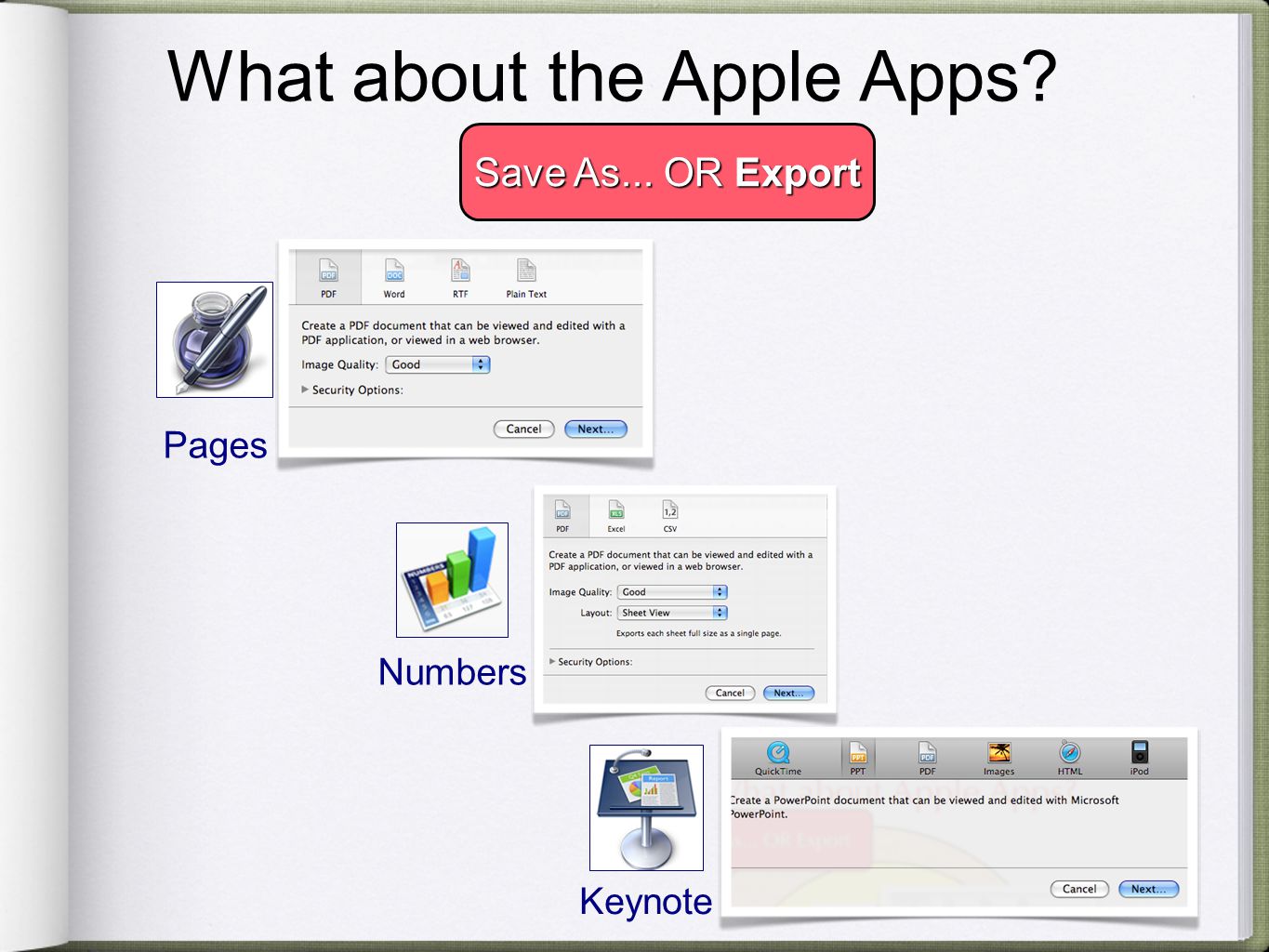 .txt What about the Apple Apps Save As... OR Export Pages Numbers Keynote