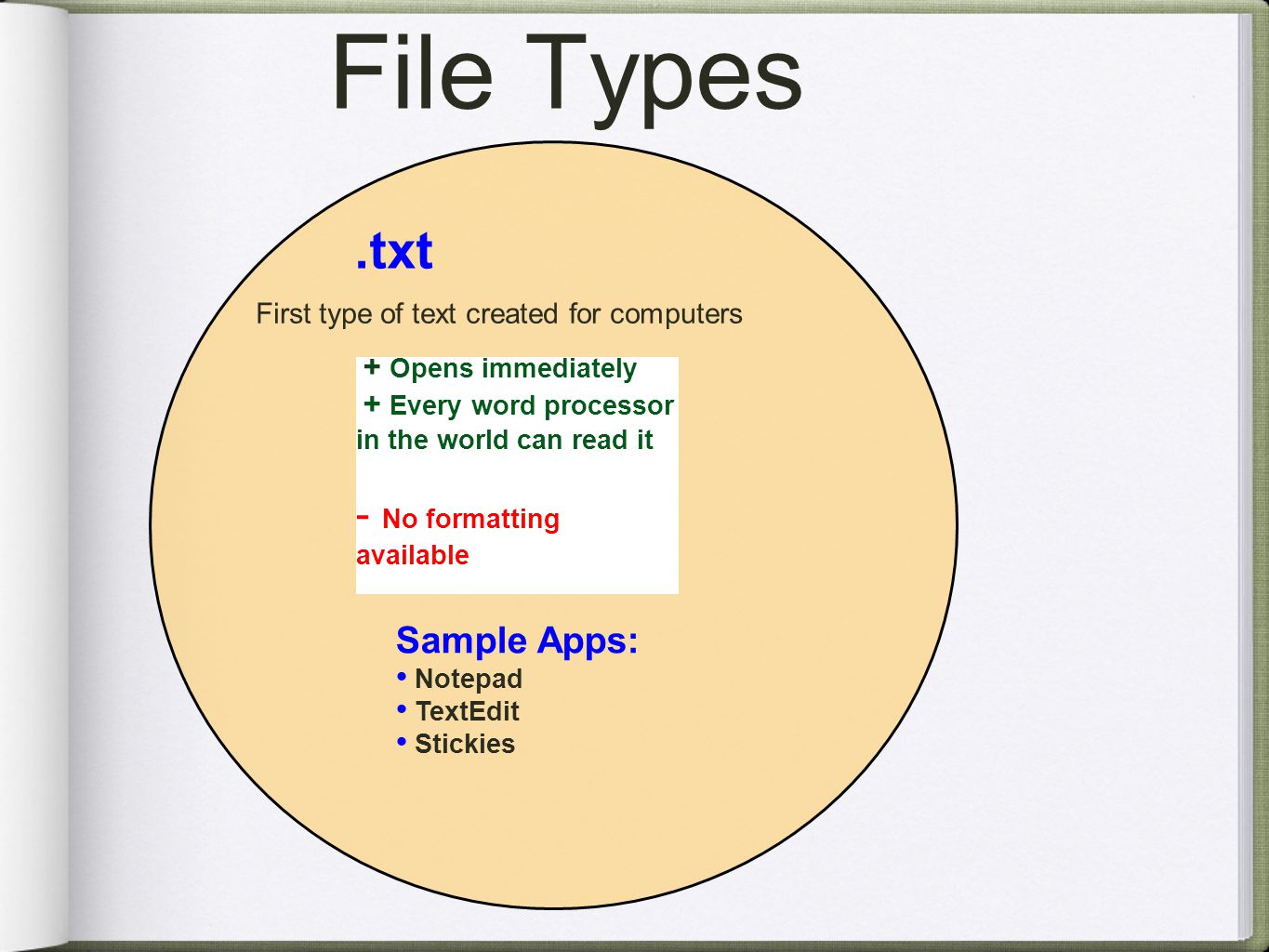 File Types.txt Sample Apps: Notepad TextEdit Stickies + Opens immediately + Every word processor in the world can read it - No formatting available.txt First type of text created for computers