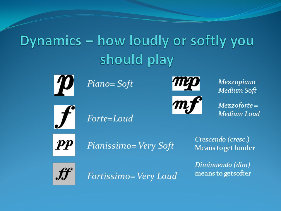 Piano= Soft Forte=Loud Fortissimo= Very Loud Pianissimo= Very Soft  Mezzoforte = Medium Loud Mezzopiano = Medium Soft Crescendo (cresc.) Means  to get louder. - ppt download