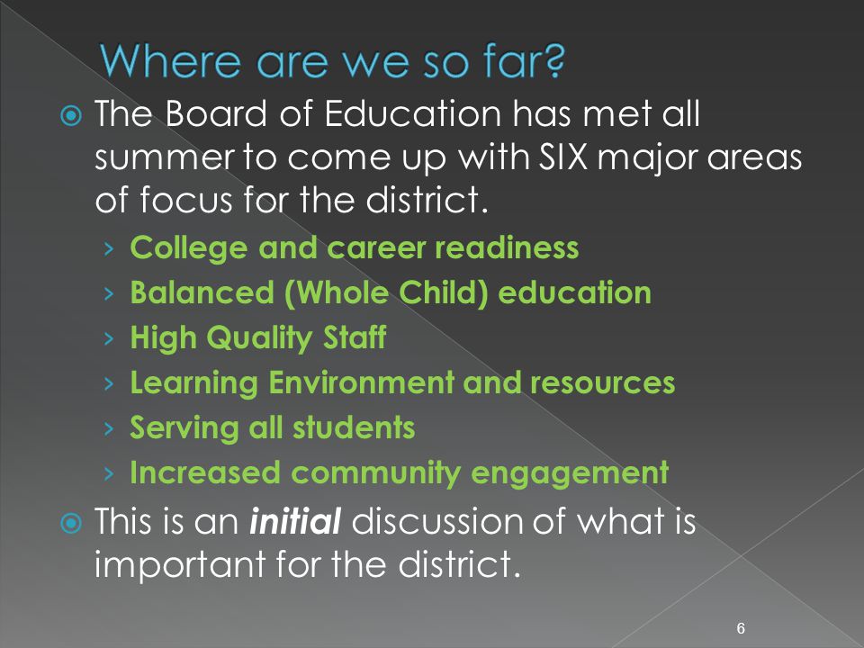  The Board of Education has met all summer to come up with SIX major areas of focus for the district.