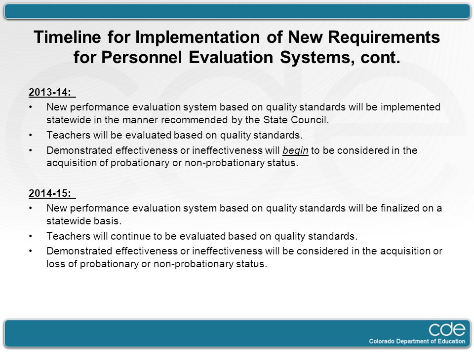 Timeline for Implementation of New Requirements for Personnel Evaluation Systems, cont.