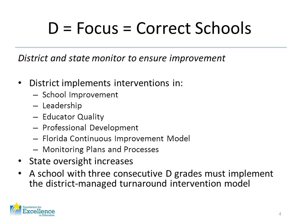 D = Focus = Correct Schools District and state monitor to ensure improvement District implements interventions in: – School Improvement – Leadership – Educator Quality – Professional Development – Florida Continuous Improvement Model – Monitoring Plans and Processes State oversight increases A school with three consecutive D grades must implement the district-managed turnaround intervention model 4