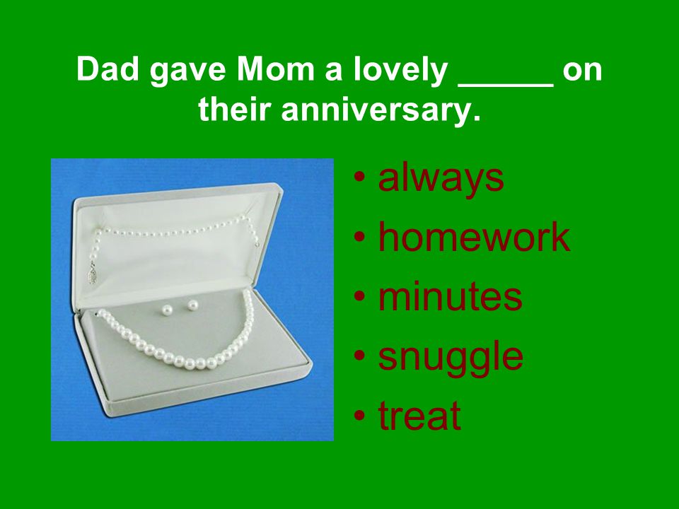 always homework minutes snuggle treat Dad gave Mom a lovely _____ on their anniversary.