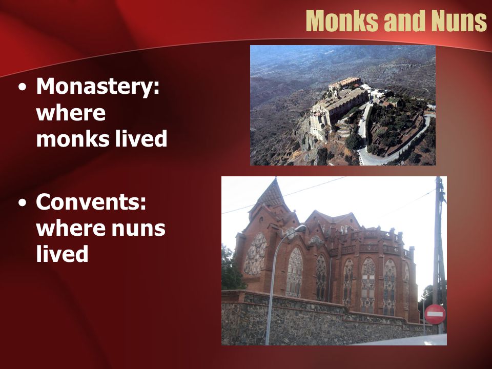 Monks and Nuns Monastery: where monks lived Convents: where nuns lived