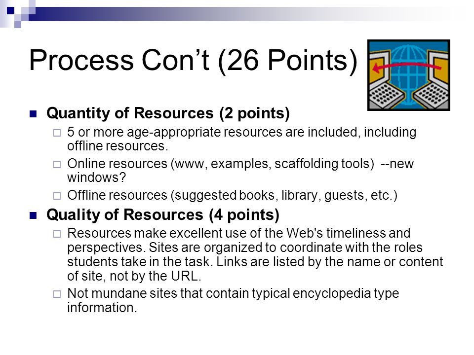 Process Con’t (26 Points) Quantity of Resources (2 points)  5 or more age-appropriate resources are included, including offline resources.